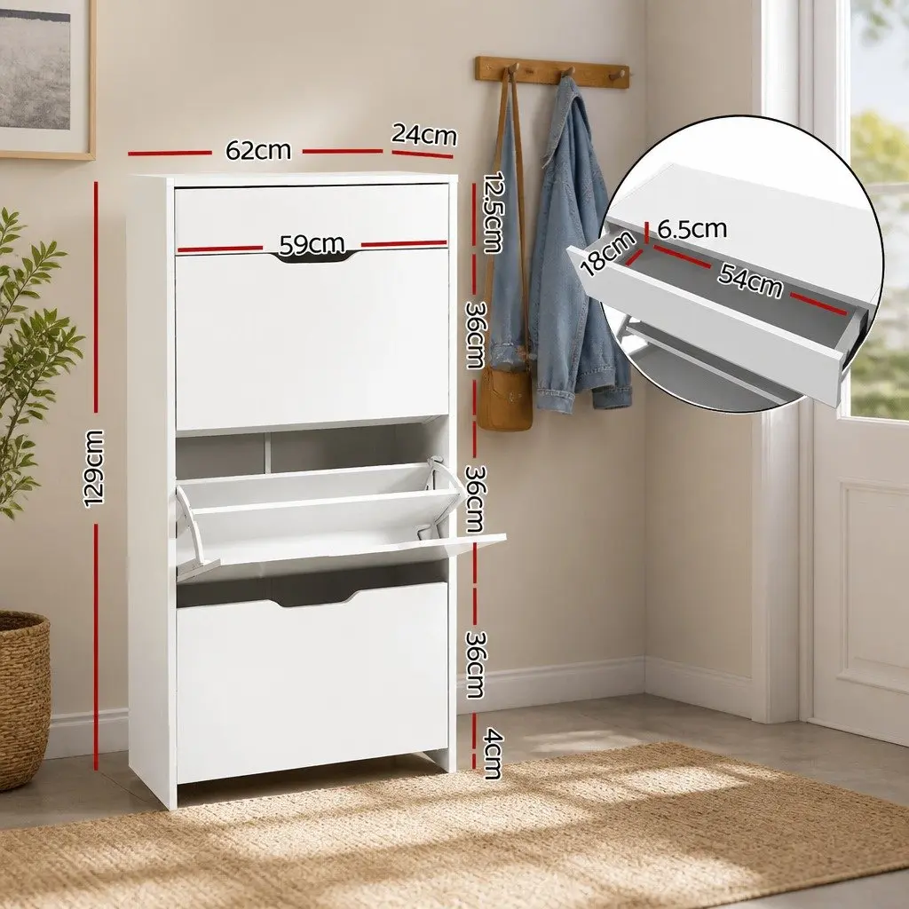 Shoe Rack Cabinet Particle Board Adjustable Shelves White 62cm W x 24cm D x 126cm H