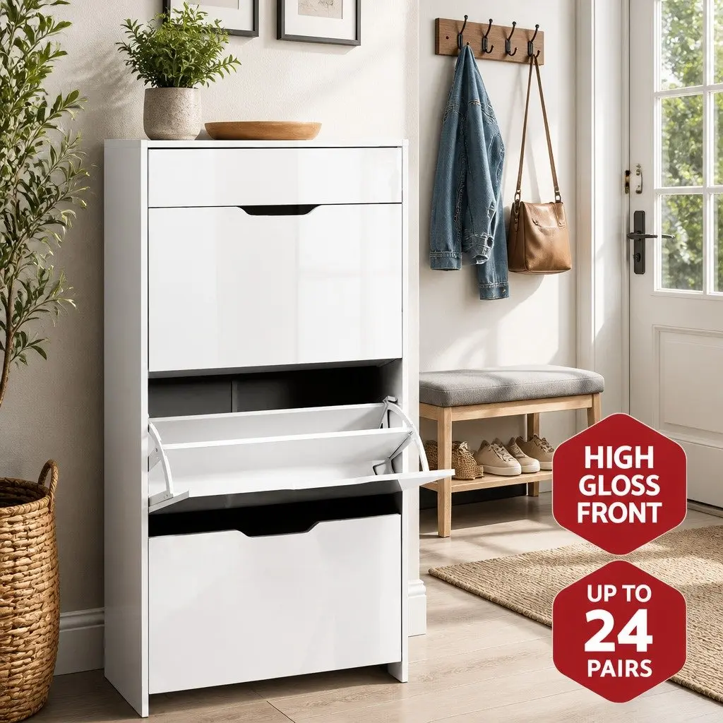 Shoe Rack Cabinet Particle Board Adjustable Shelves White 62cm W x 24cm D x 126cm H