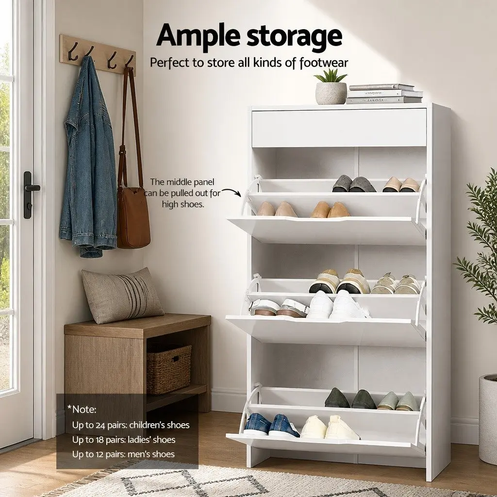 Shoe Rack Cabinet Particle Board Adjustable Shelves White 62cm W x 24cm D x 126cm H