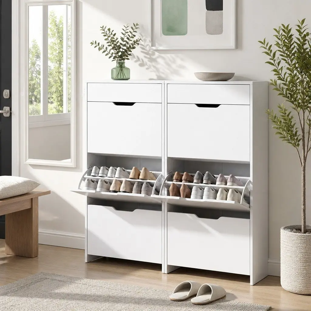 Shoe Storage Cabinet White 2-Piece Freestanding Flip Drawer 62cm W 24cm D 126cm H