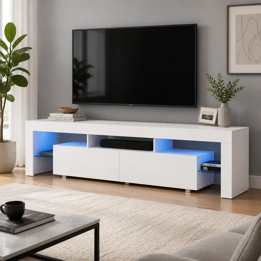 TV Unit Particleboard 200cm White Gloss with RGB LED Lighting