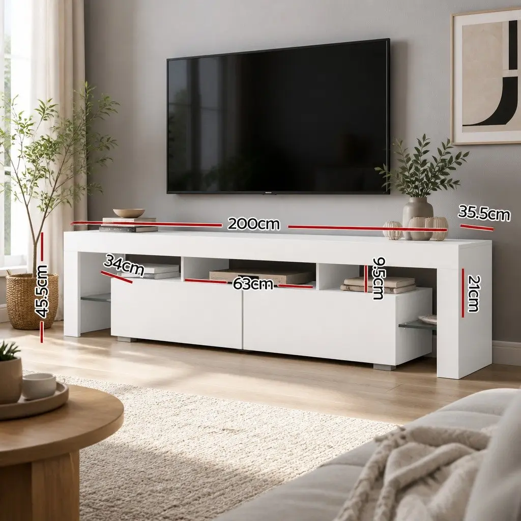 TV Unit Particleboard 200cm White Gloss with RGB LED Lighting