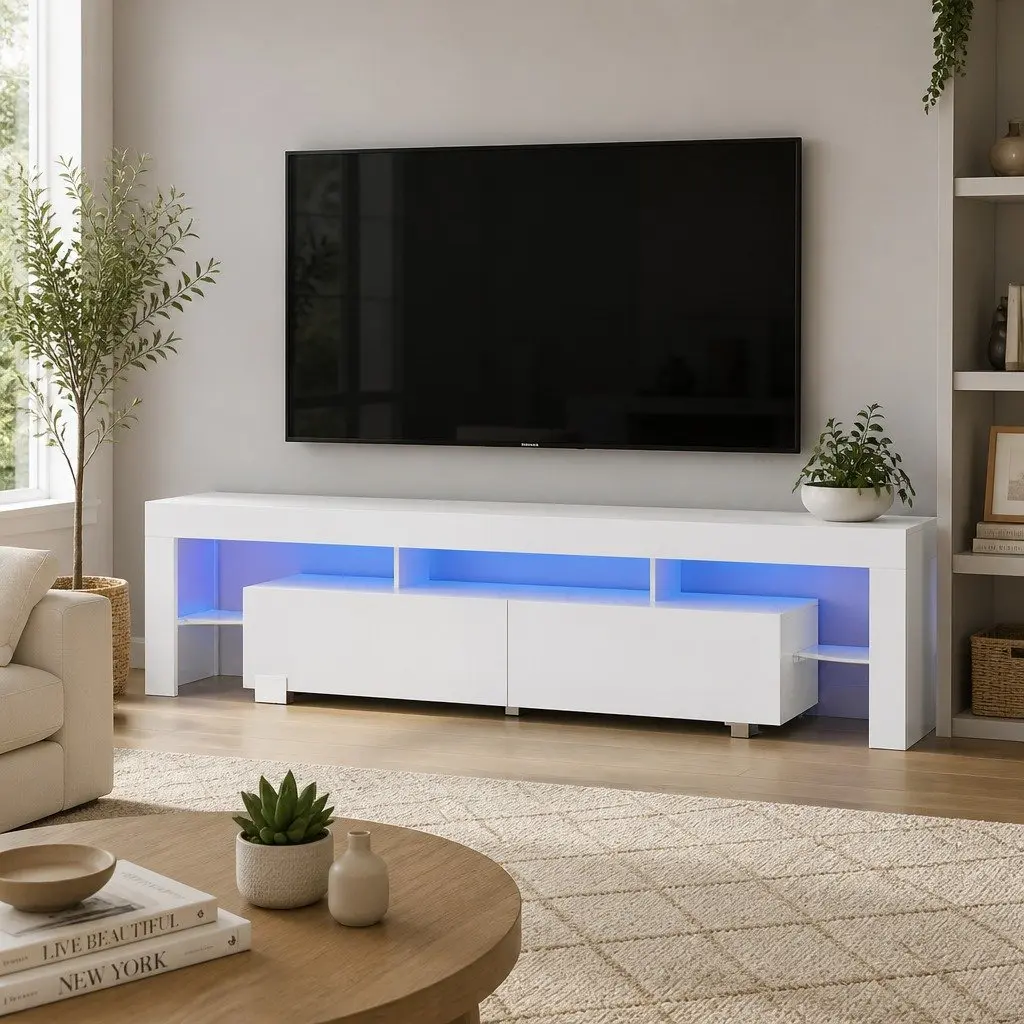 TV Unit Particleboard 200cm White Gloss with RGB LED Lighting