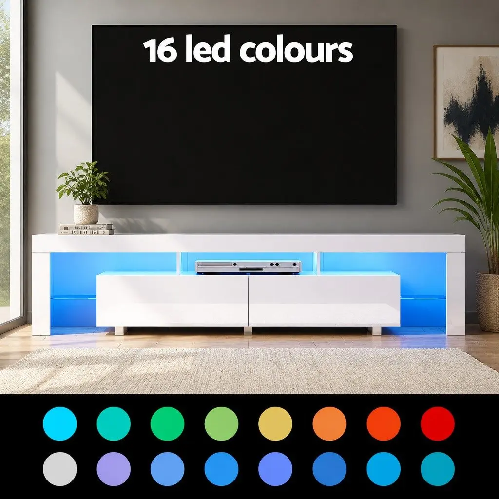 TV Unit Particleboard 200cm White Gloss with RGB LED Lighting