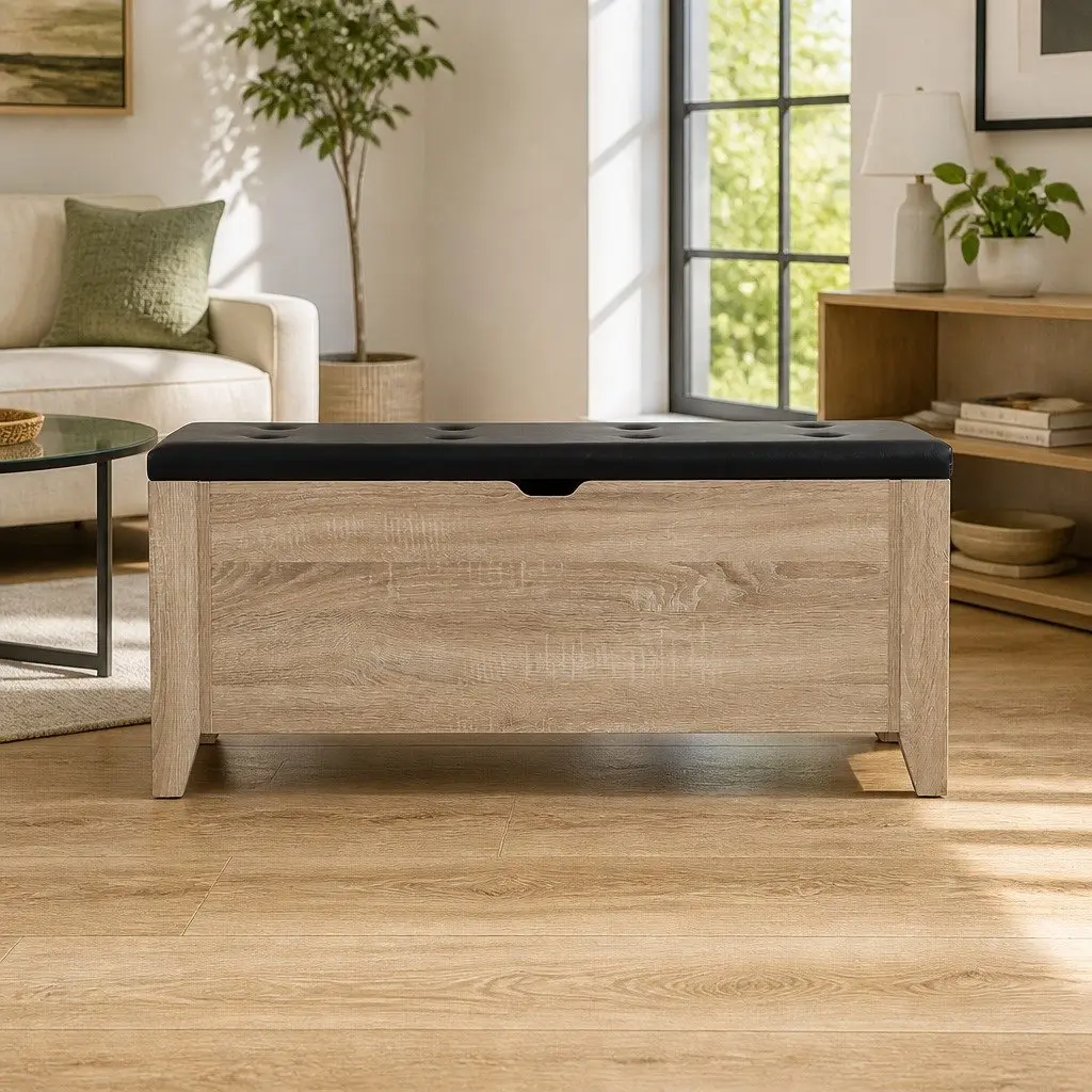 Storage Ottoman PU Leather Oak Wooden Frame 106cm L 40.5cm W 47.5cm H