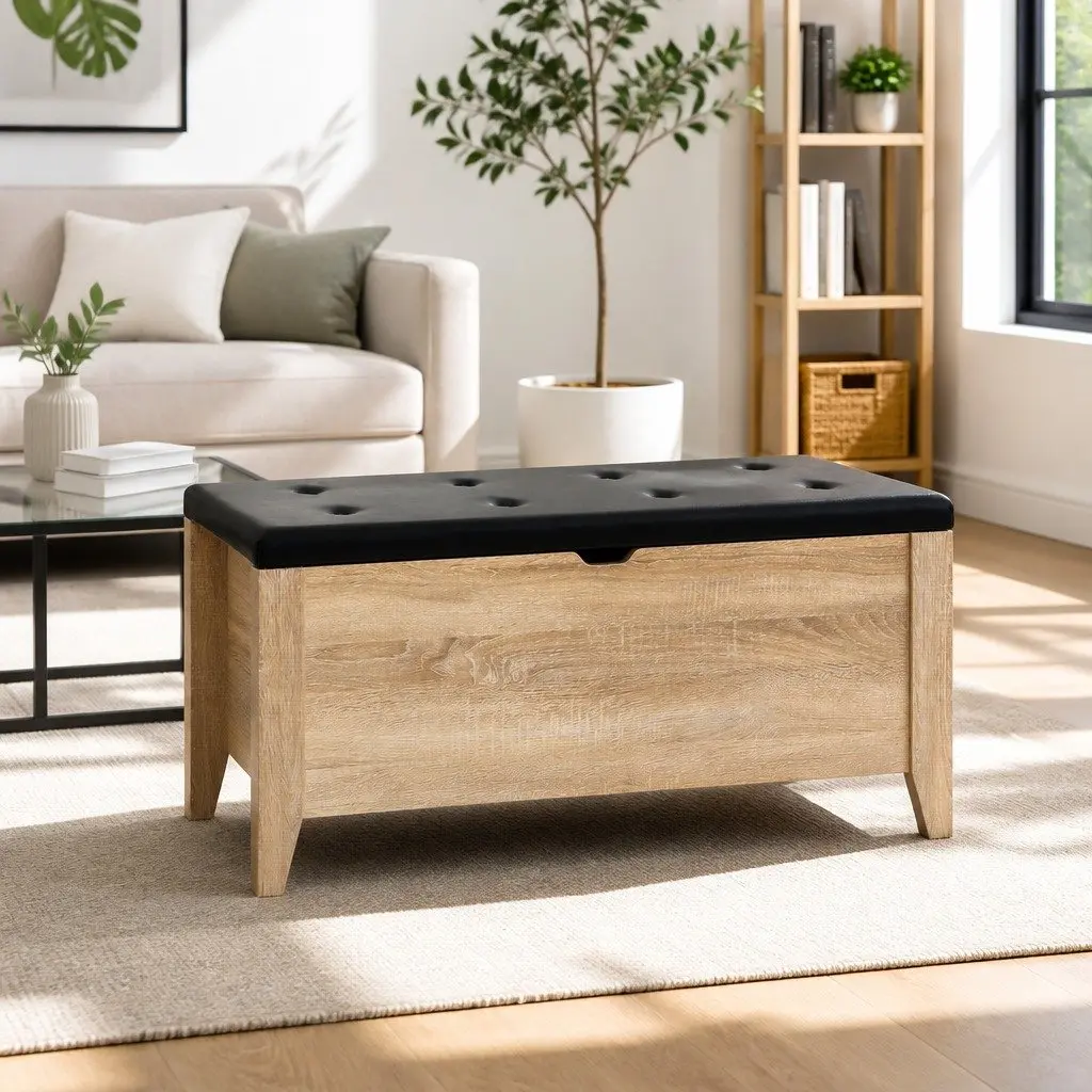 Storage Ottoman PU Leather Oak Wooden Frame 106cm L 40.5cm W 47.5cm H