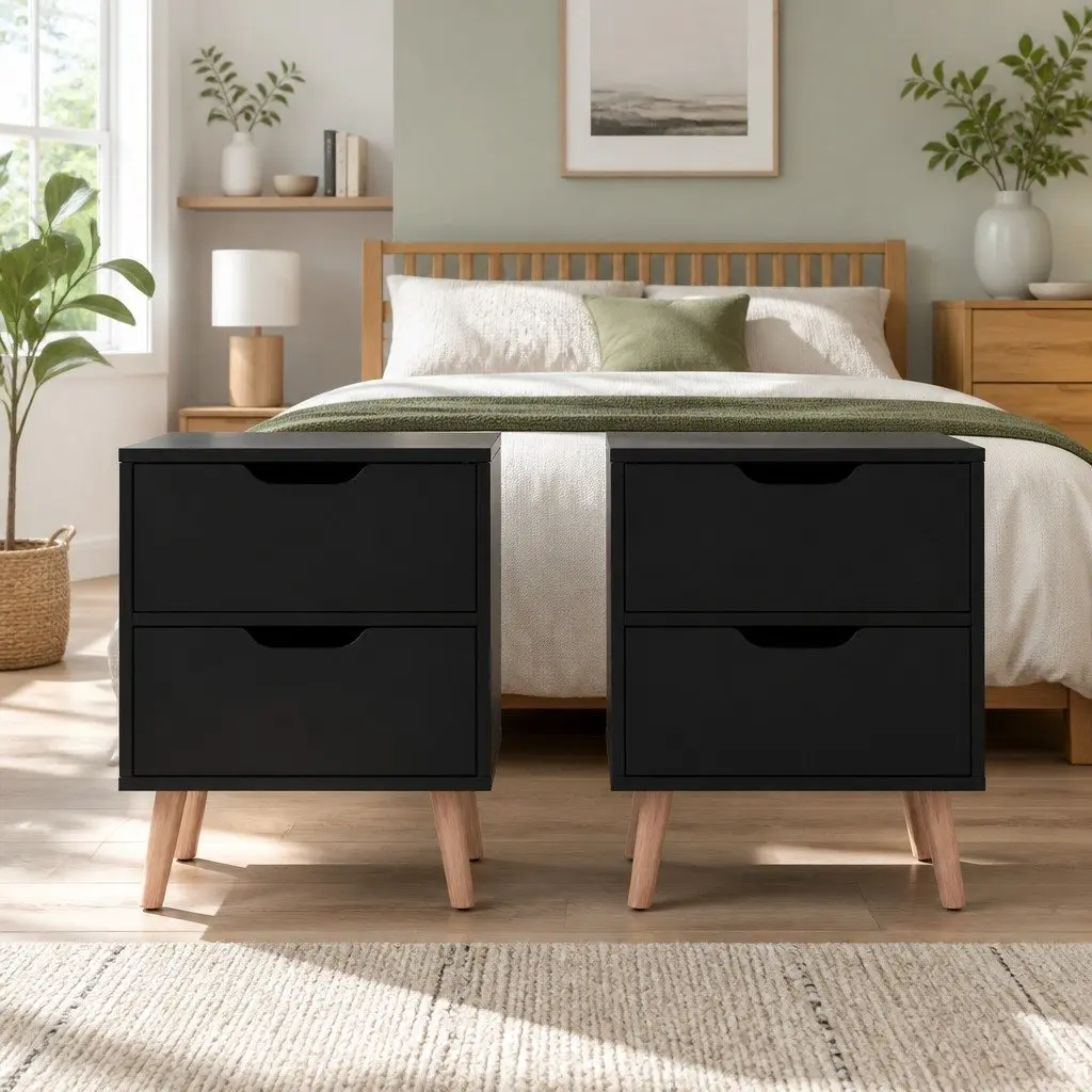 Bedside Table Particle Board 40cm x 30cm x 50cm Black 2 Drawers