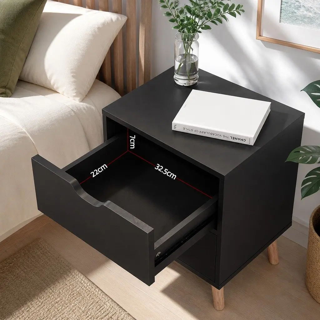 Bedside Table Particle Board 40cm x 30cm x 50cm Black 2 Drawers