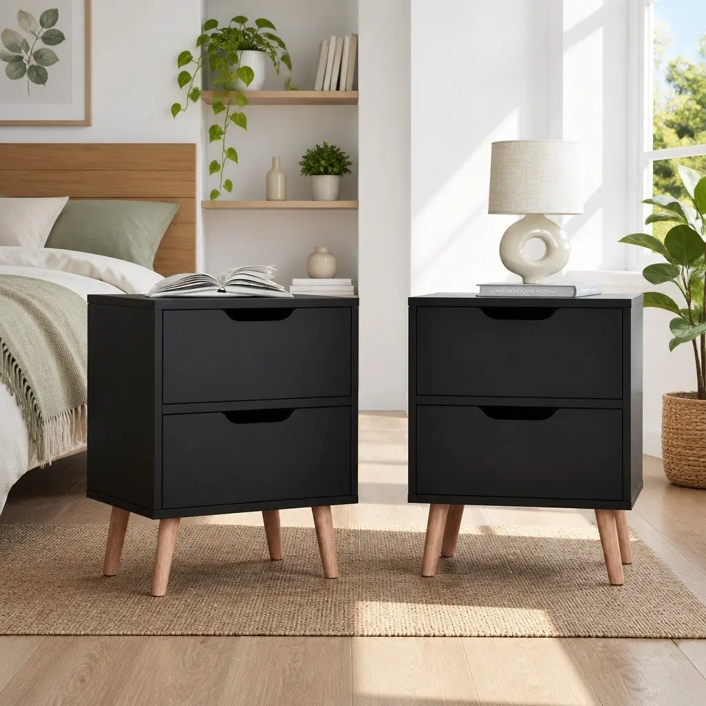 Bedside Table Particle Board 40cm x 30cm x 50cm Black 2 Drawers