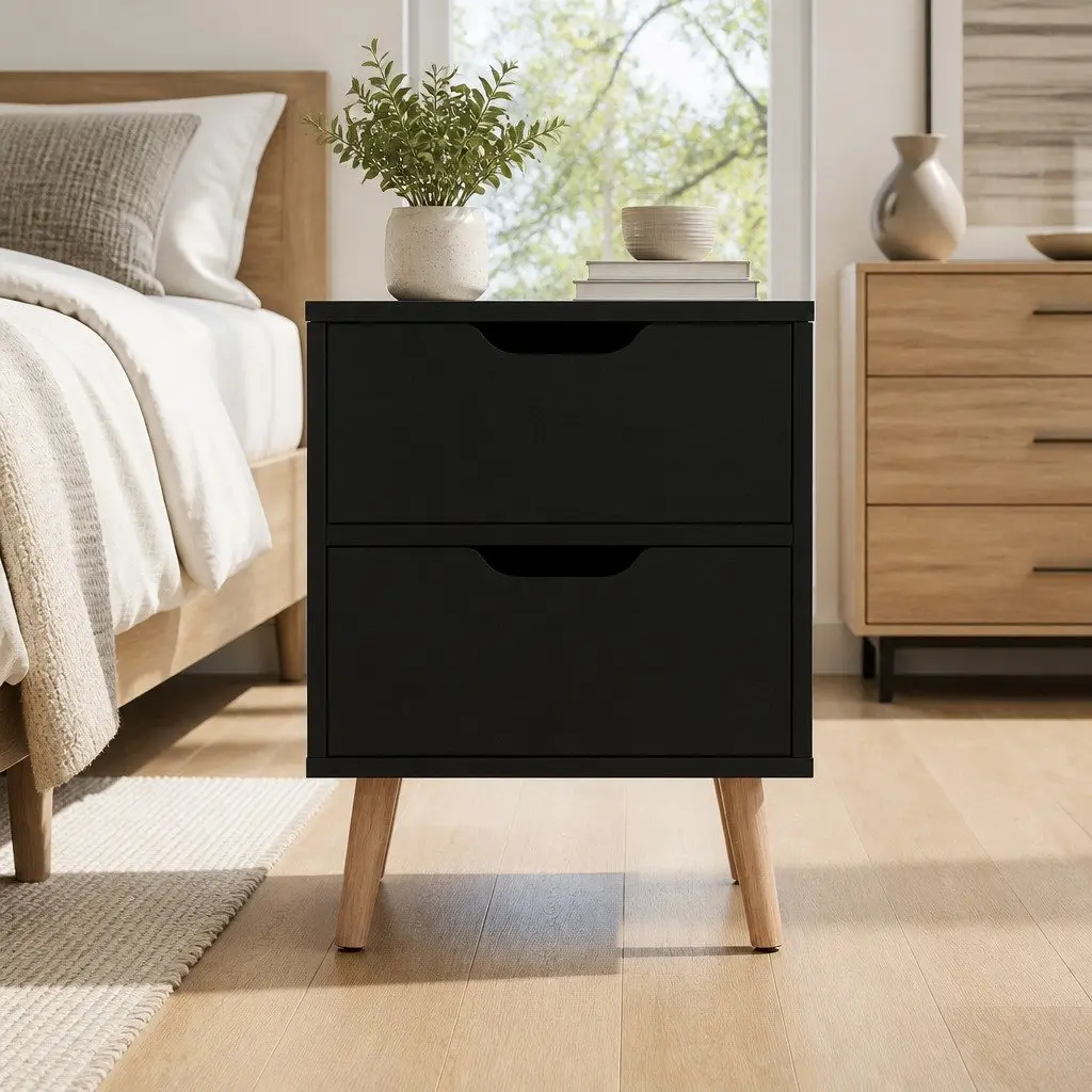 Black Bedside Table with 2 Storage Drawers