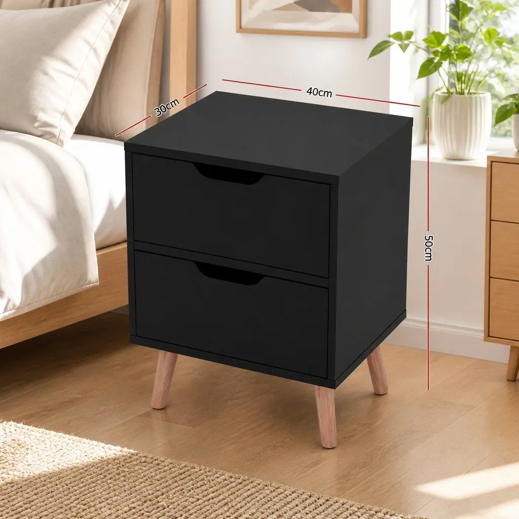 Black Bedside Table with 2 Storage Drawers