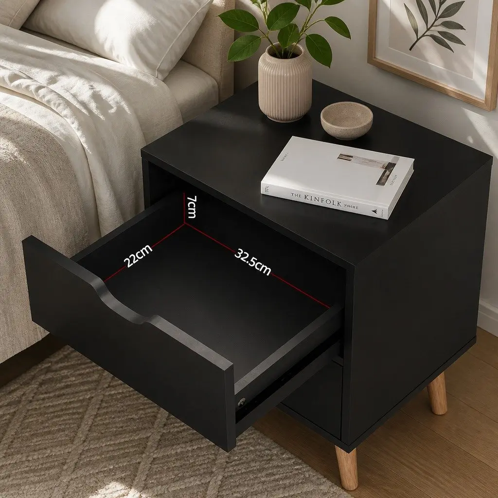 Black Bedside Table with 2 Storage Drawers