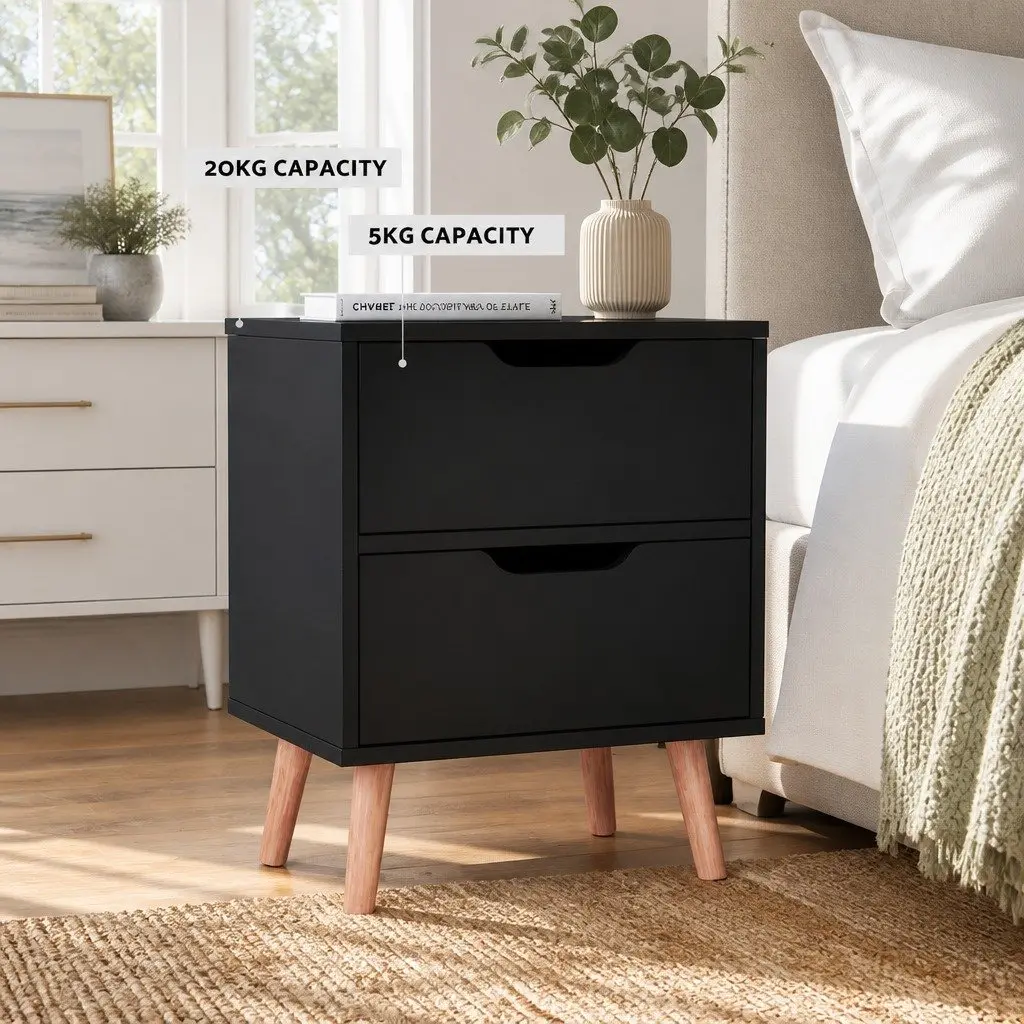 Black Bedside Table with 2 Storage Drawers