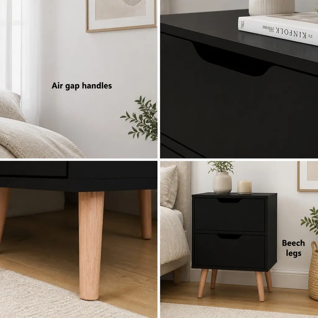 Black Bedside Table with 2 Storage Drawers
