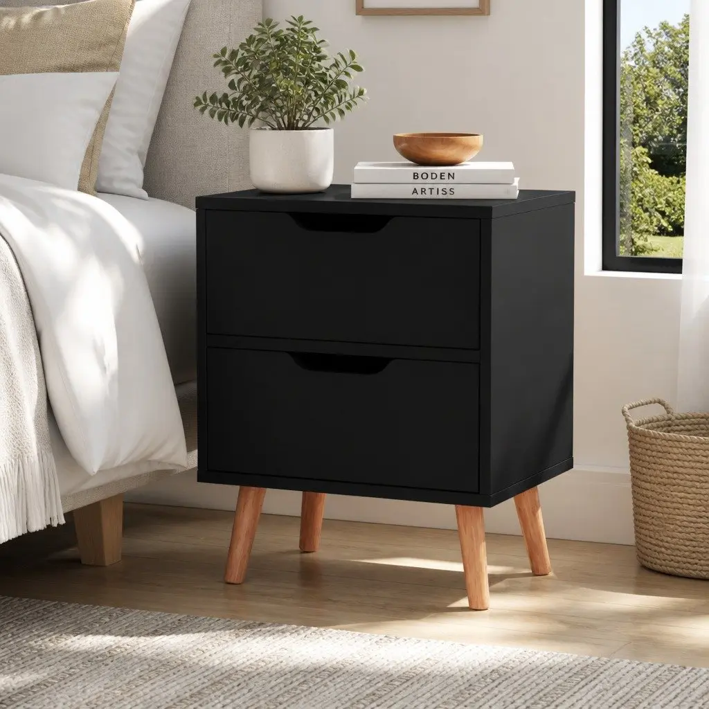 Black Bedside Table with 2 Storage Drawers