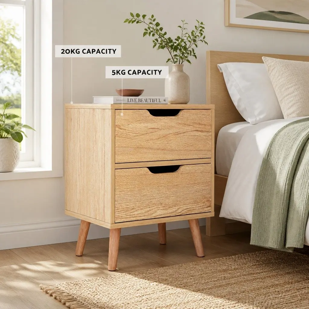 Black Bedside Table with 2 Drawers and Metal Slides