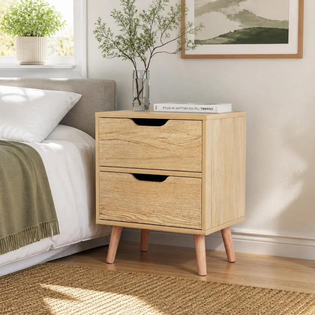 Black Bedside Table with 2 Drawers and Metal Slides