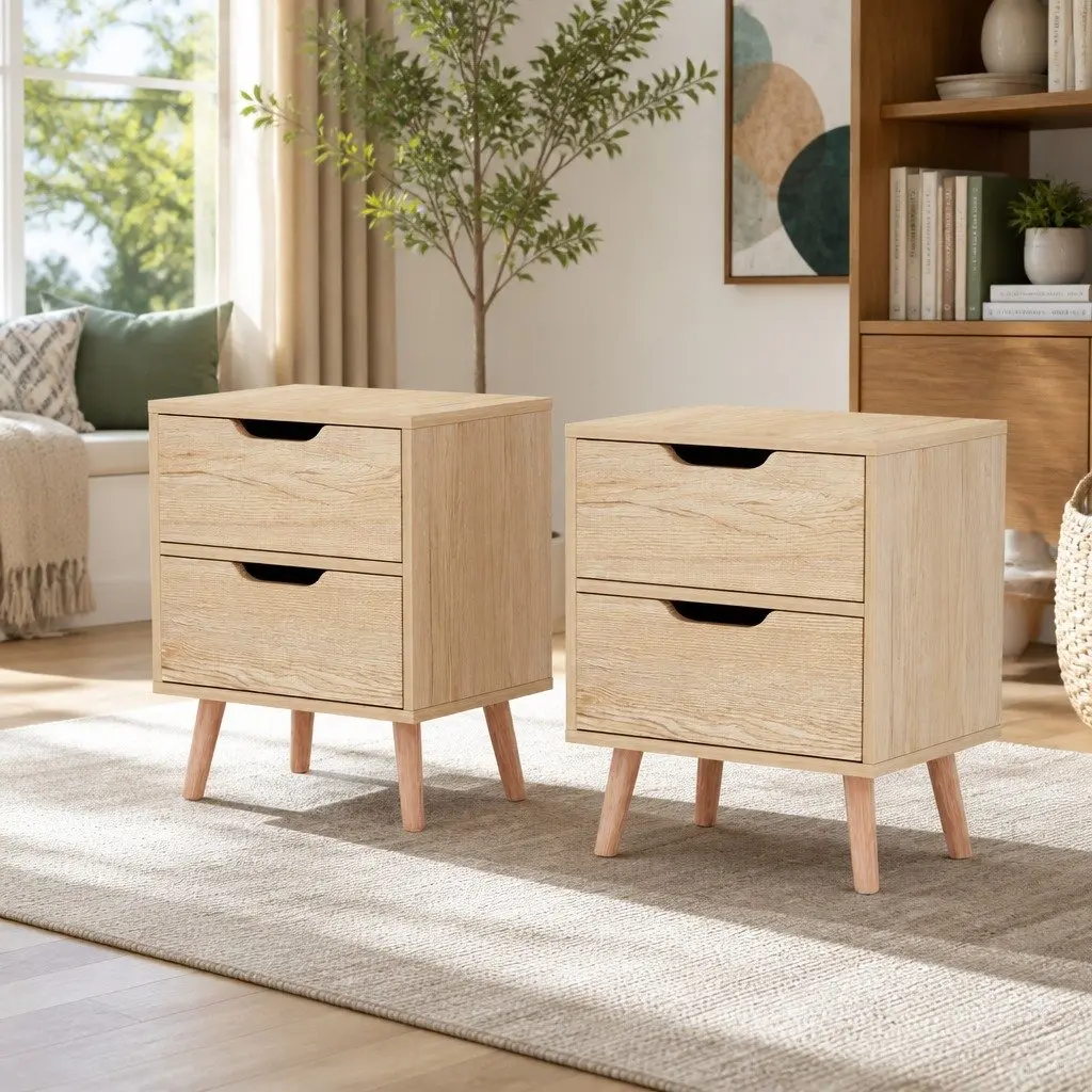 Black Pine Wood Bedside Table with 2 Drawers