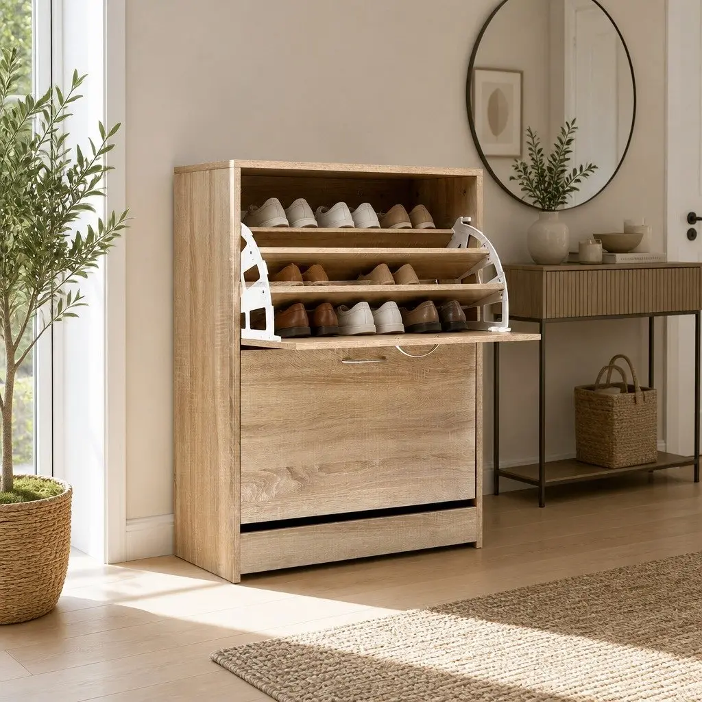 Shoe Rack Cabinet Particle Board 3-Tier Oak Wood Storage Organiser