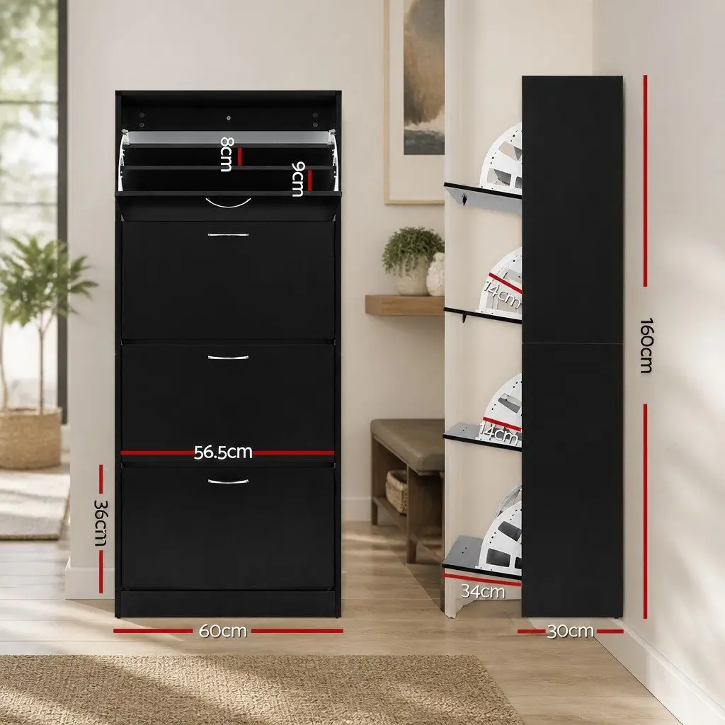 Shoe Rack Cabinet Particle Board 60cm Black 4 Door Adjustable Shelves