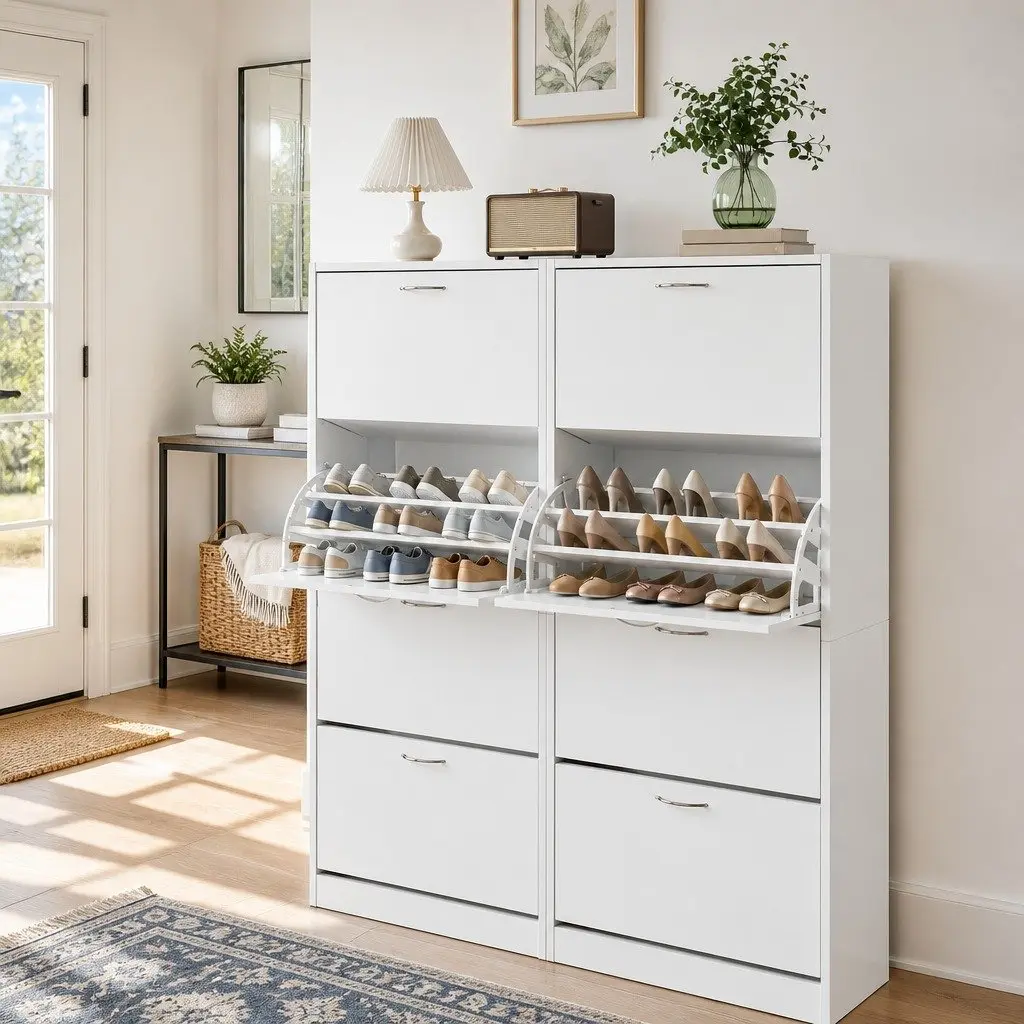 Shoe Cabinet Storage Organiser Melamine Particle Board 60cm x 30cm x 160cm White 2 Piece