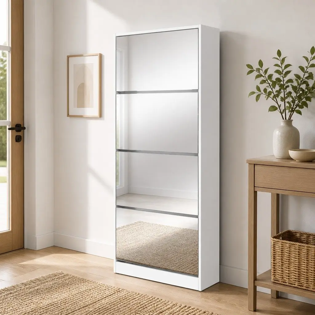 Shoe Storage Cabinet Melamine Particle Board 63cm x 30cm x 160cm White Full-Length Mirror