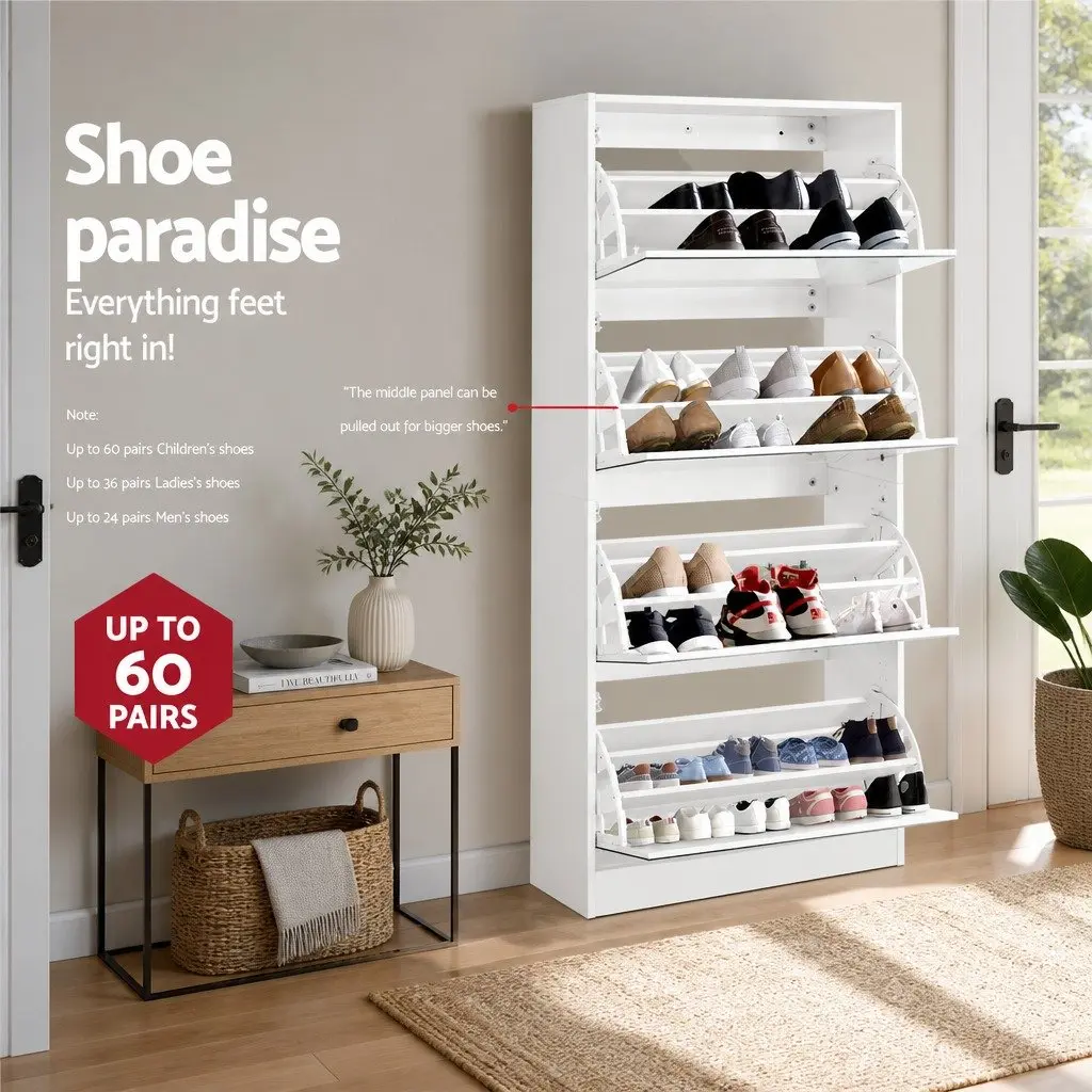 Shoe Storage Cabinet Melamine Particle Board 63cm x 30cm x 160cm White Full-Length Mirror