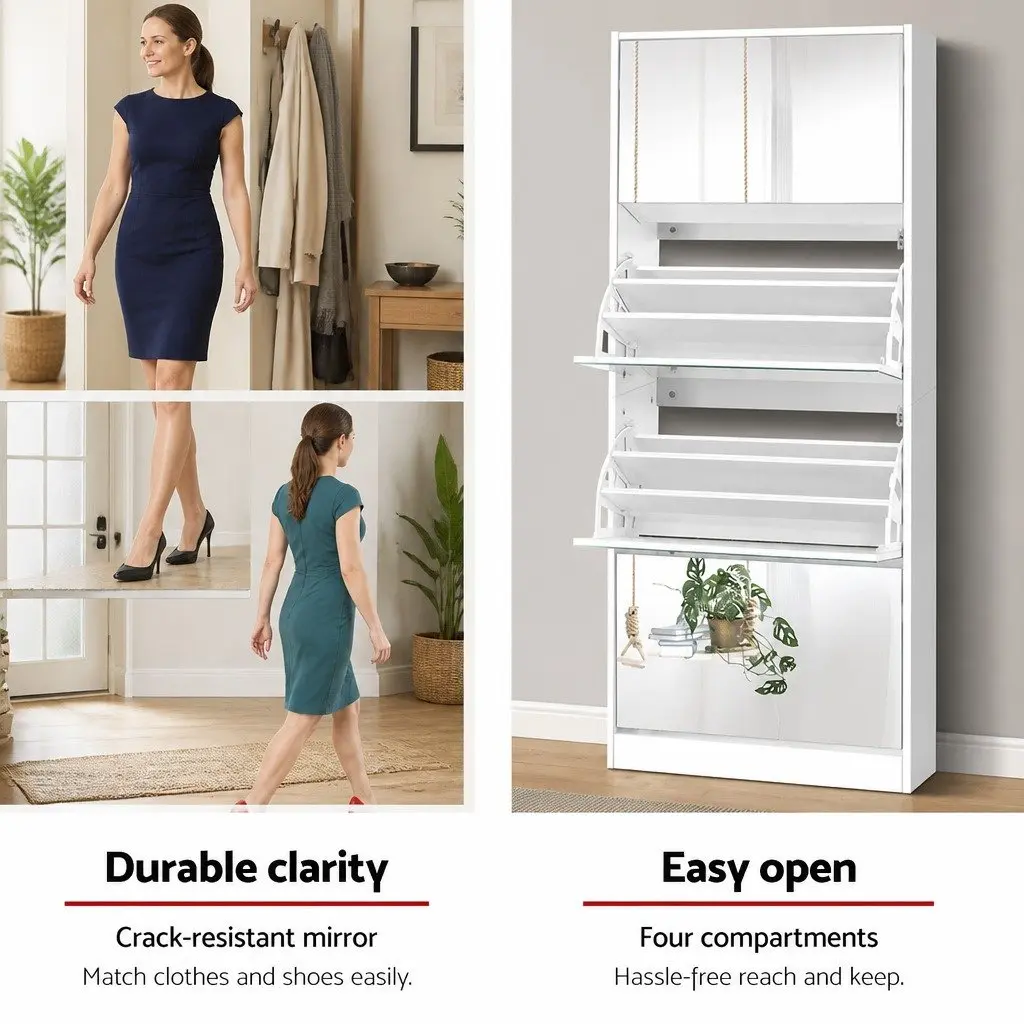 Shoe Storage Cabinet Melamine Particle Board 63cm x 30cm x 160cm White Full-Length Mirror