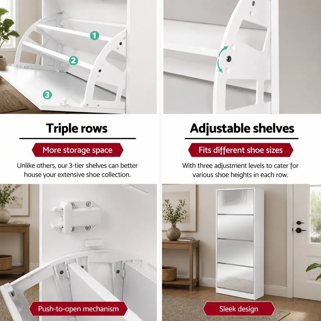 Shoe Storage Cabinet Melamine Particle Board 63cm x 30cm x 160cm White Full-Length Mirror