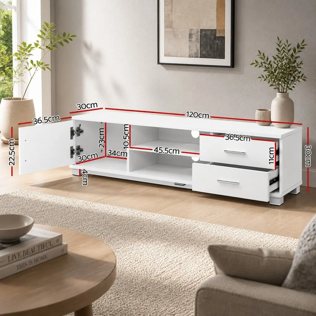 TV Unit Melamine 120cm White Living Room Entertainment Cabinet with Shelves and Drawers