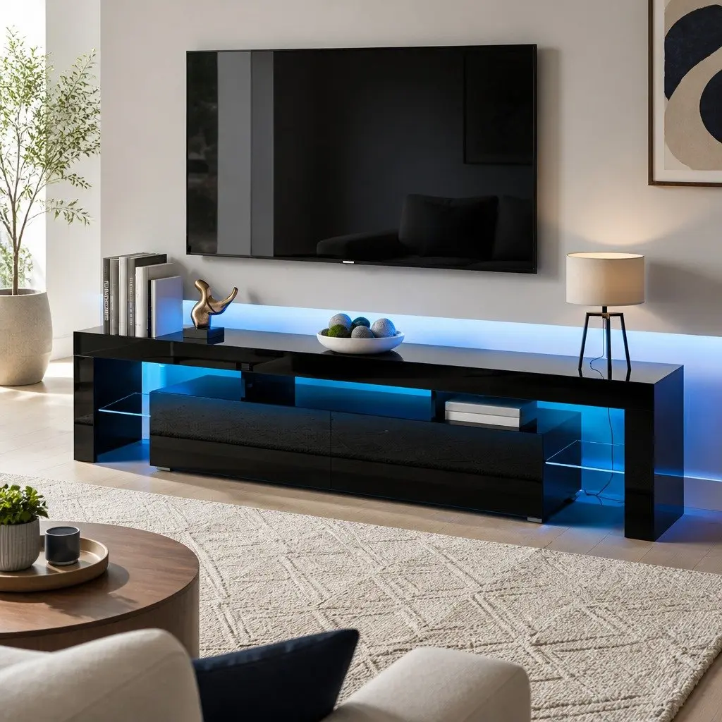 Black TV Cabinet with LED Lighting 189cm