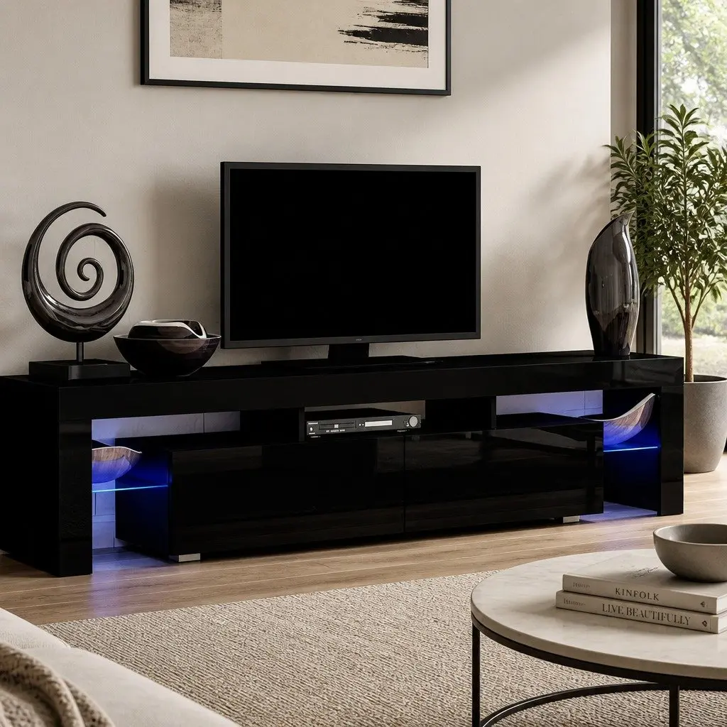 Black TV Cabinet with LED Lighting 189cm