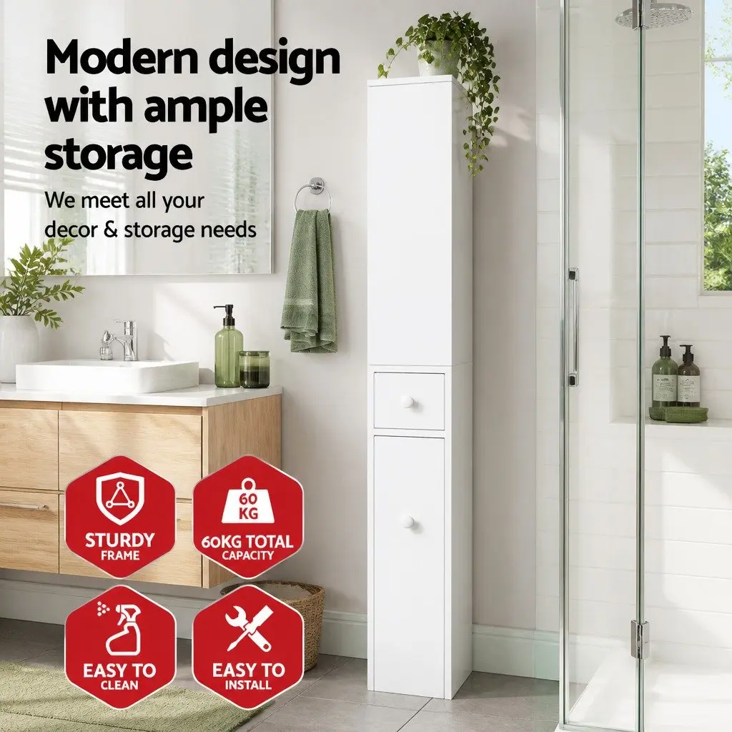 Bathroom Storage Cabinet E1 Particle Board 40cm W x 18cm D x 135cm H White