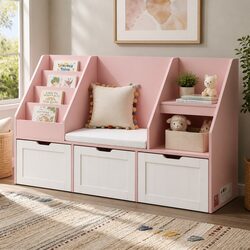 Pink Kids Bookshelf and Storage Bench 140cm