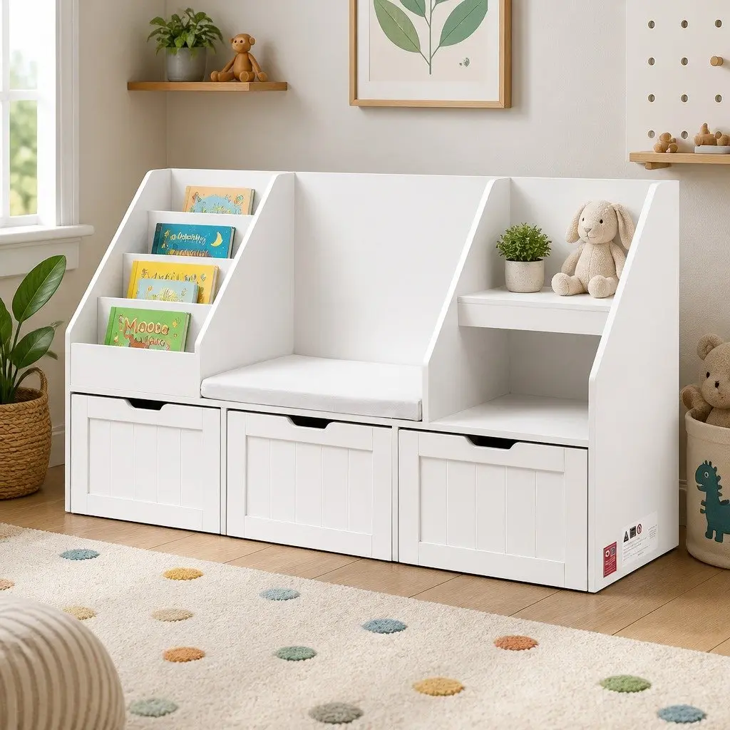 White Kids Bookshelf Storage Organiser with Bench Seat