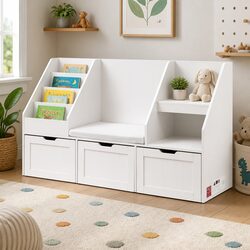 White Kids Bookshelf Storage Organiser with Bench Seat