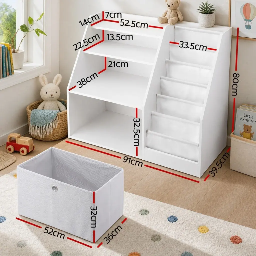 Kids Bookshelf Storage Organizer E1 Grade Melamine 91cm x 39.5cm x 80cm White