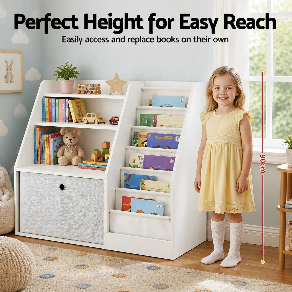 Kids Bookshelf Storage Organizer E1 Grade Melamine 91cm x 39.5cm x 80cm White