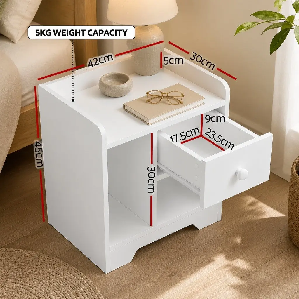 White Bedside Table with Drawer and Shelves