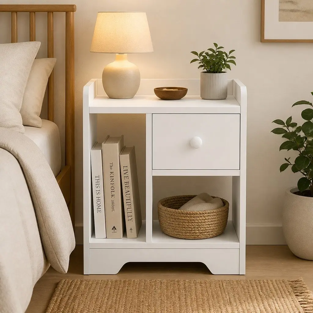 White Bedside Table with Drawer and Shelves