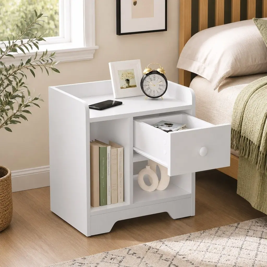 White Bedside Table with Drawer and Shelves