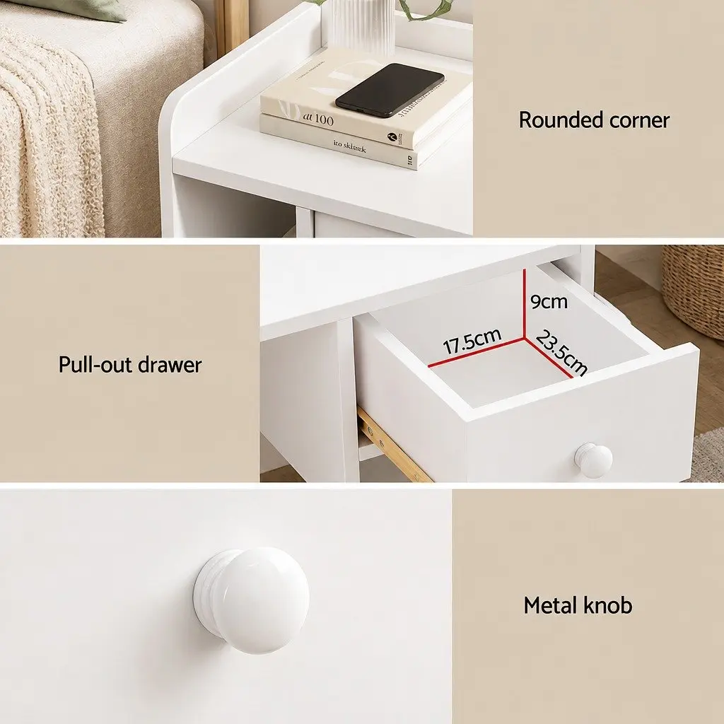 White Bedside Table with Drawer and Shelves