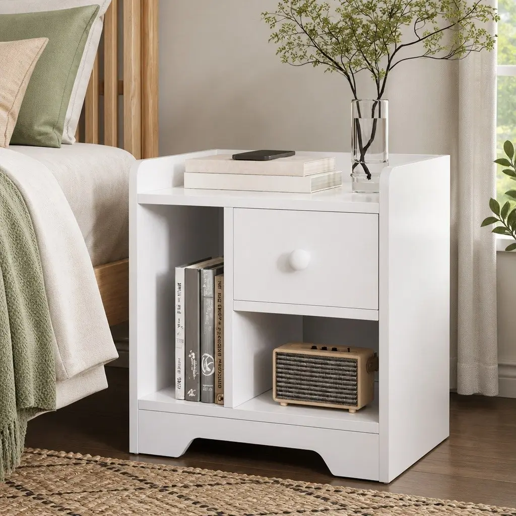 White Bedside Table with Drawer and Shelves