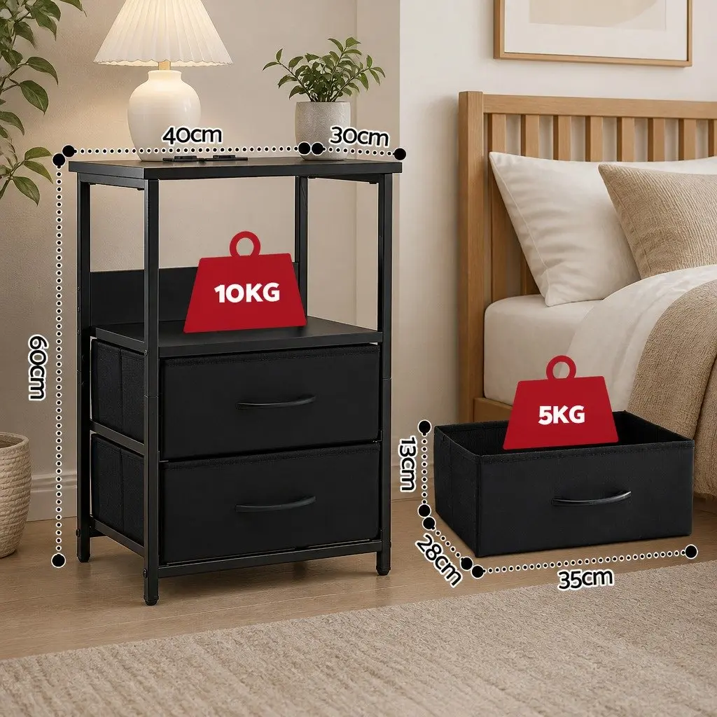 Bedside Table Particle Board Black 40cm W x 30cm D x 60cm H with LED Lighting Charging Station 2 Foldable Drawers