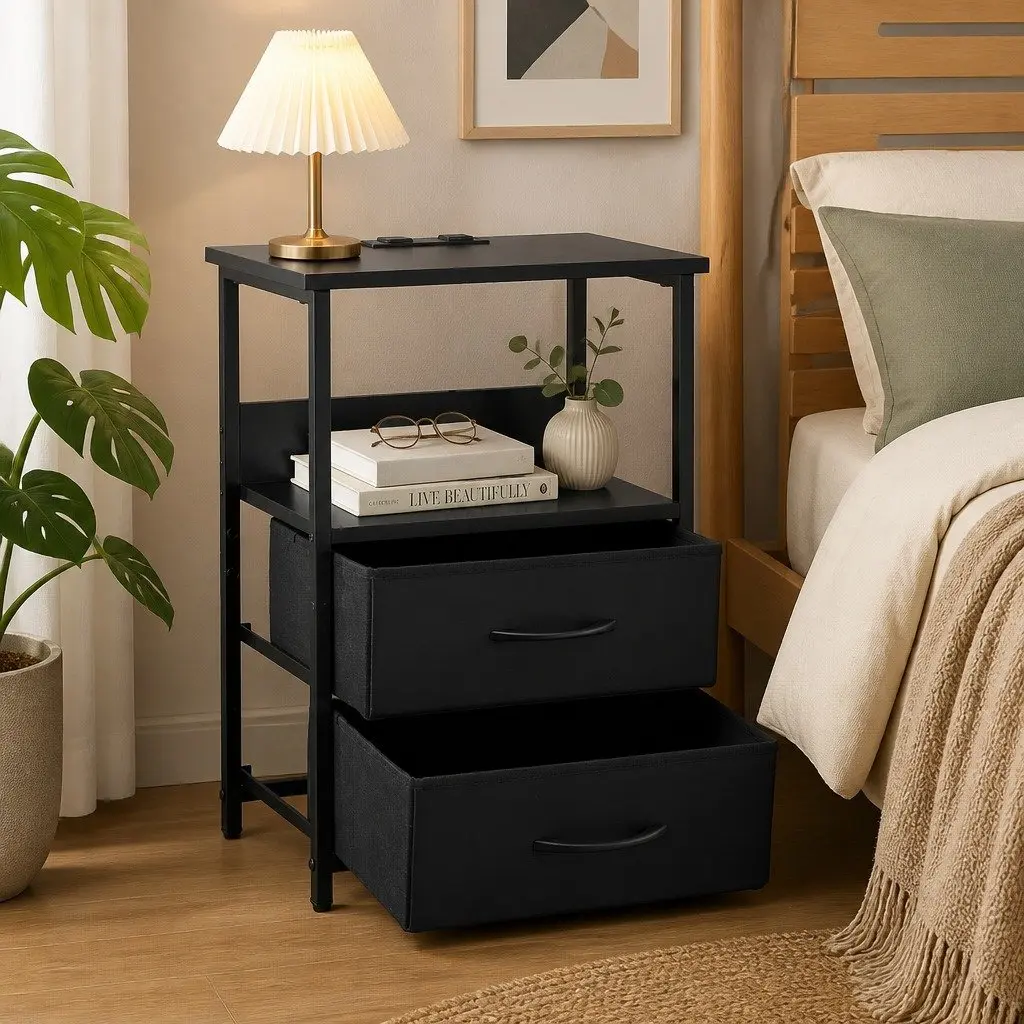 Bedside Table Particle Board Black 40cm W x 30cm D x 60cm H with LED Lighting Charging Station 2 Foldable Drawers