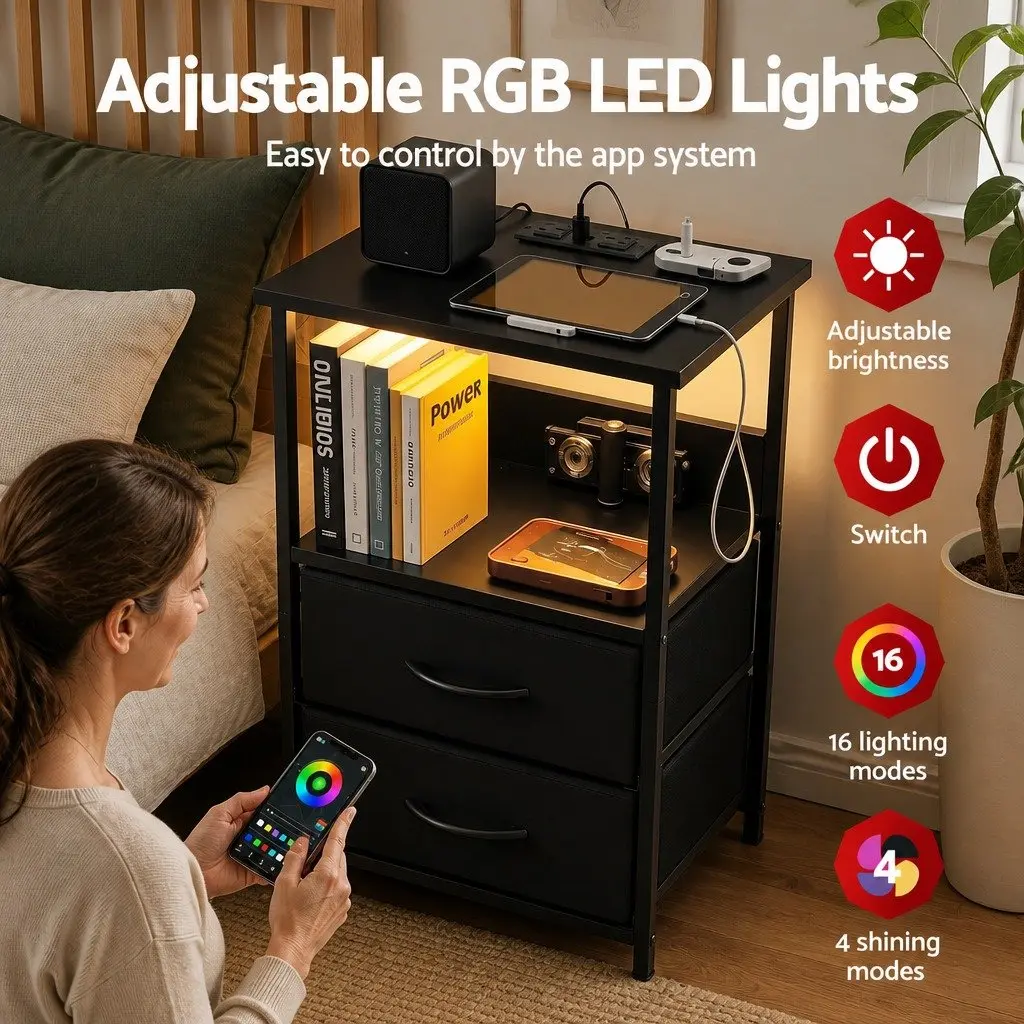 Bedside Table Particle Board Black 40cm W x 30cm D x 60cm H with LED Lighting Charging Station 2 Foldable Drawers