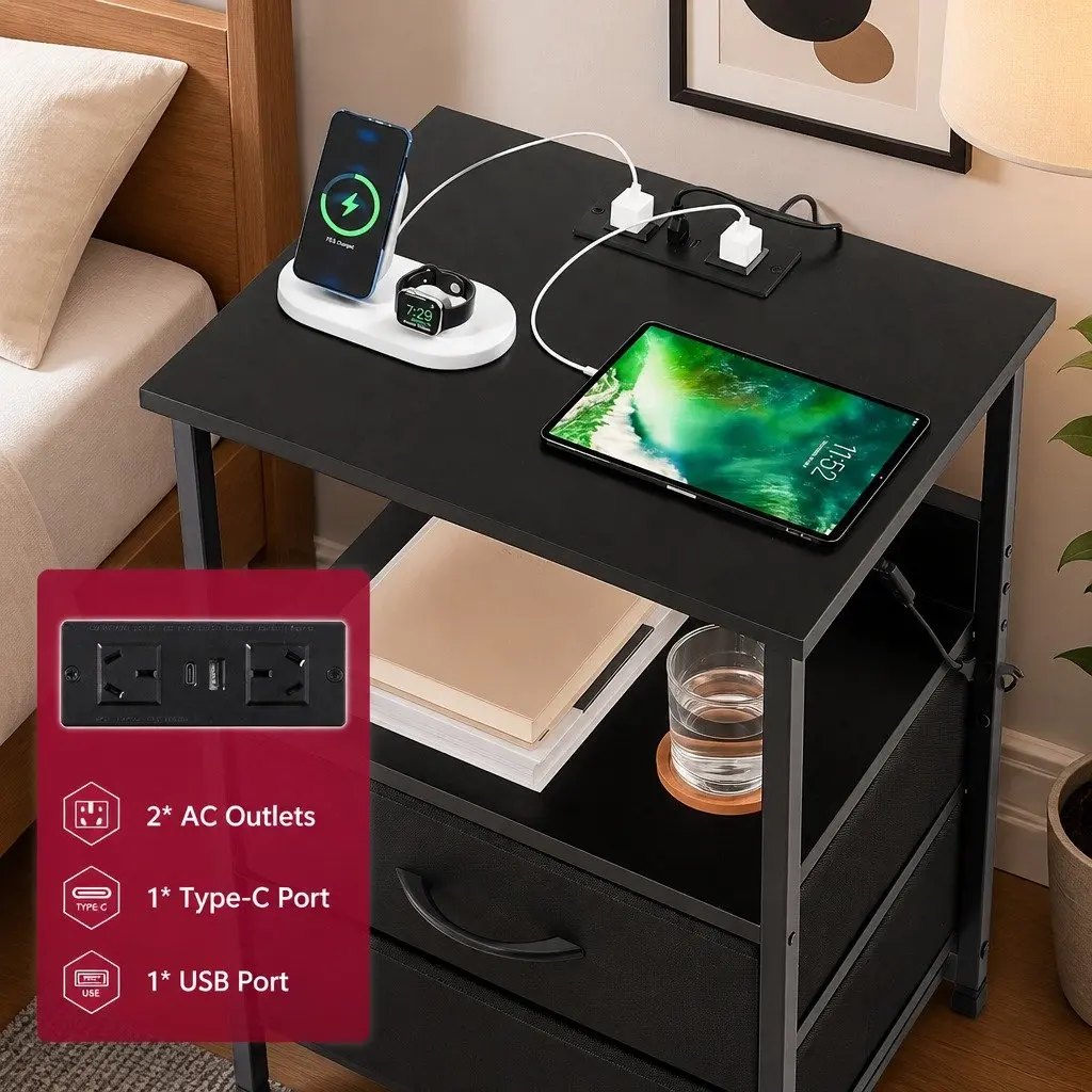 Bedside Table Particle Board Black 40cm W x 30cm D x 60cm H with LED Lighting Charging Station 2 Foldable Drawers