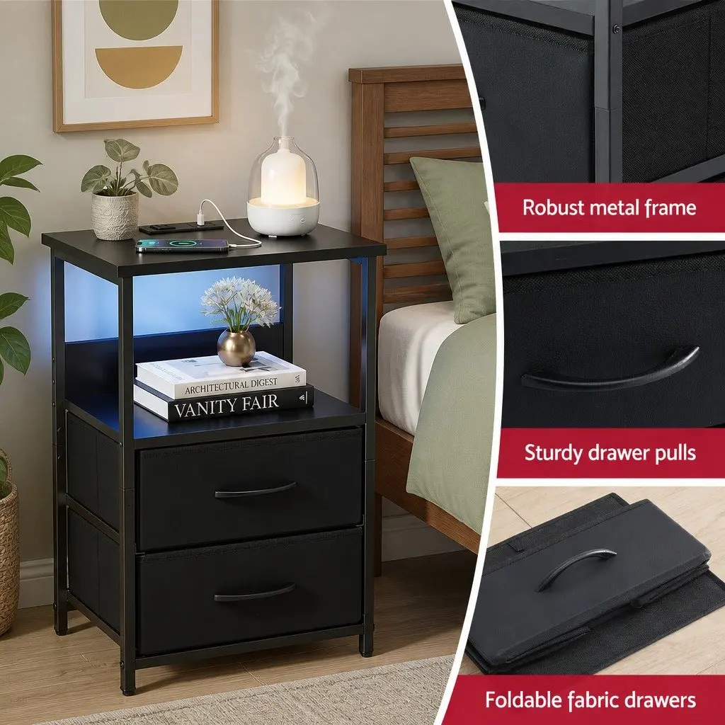 Bedside Table Particle Board Black 40cm W x 30cm D x 60cm H with LED Lighting Charging Station 2 Foldable Drawers