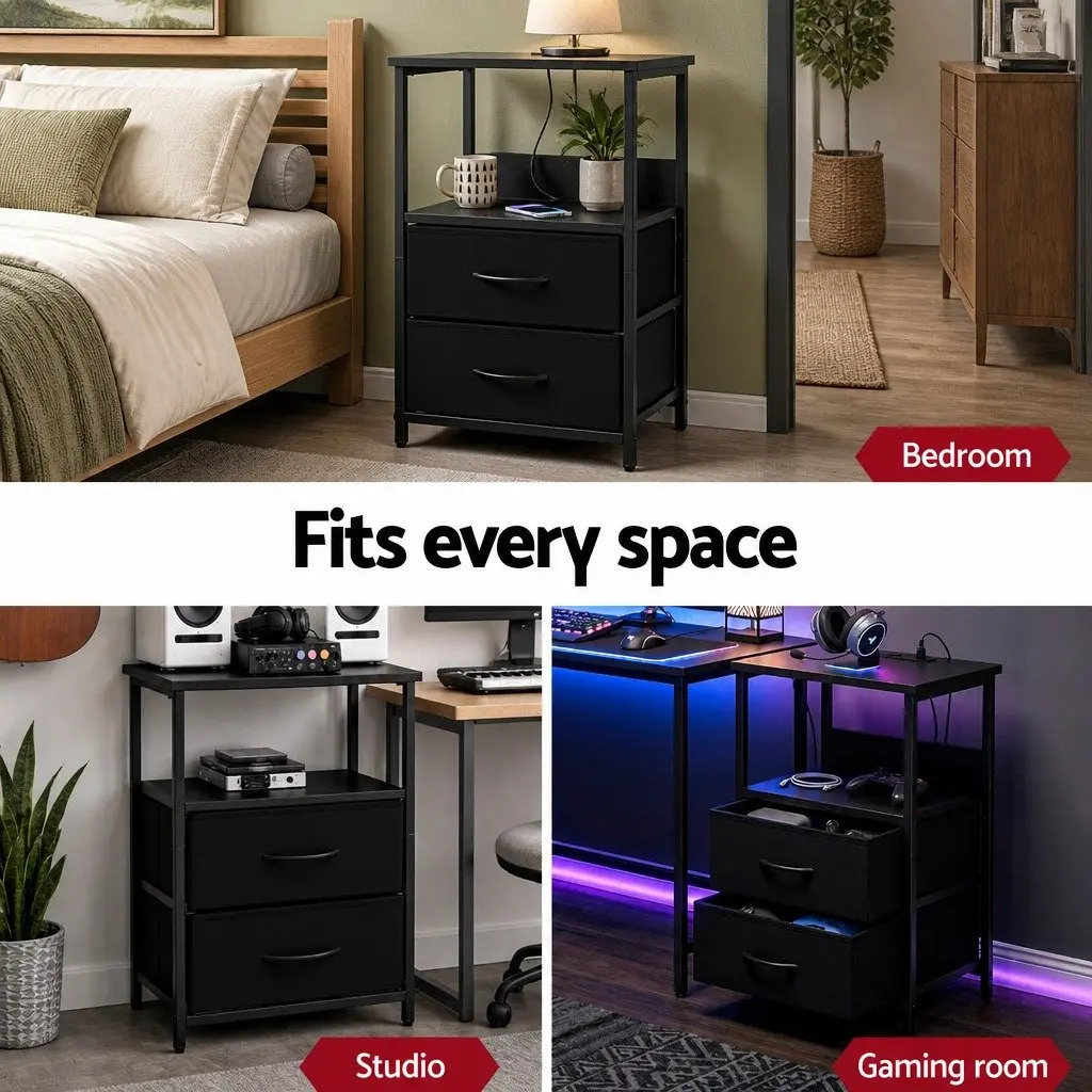Bedside Table Particle Board Black 40cm W x 30cm D x 60cm H with LED Lighting Charging Station 2 Foldable Drawers