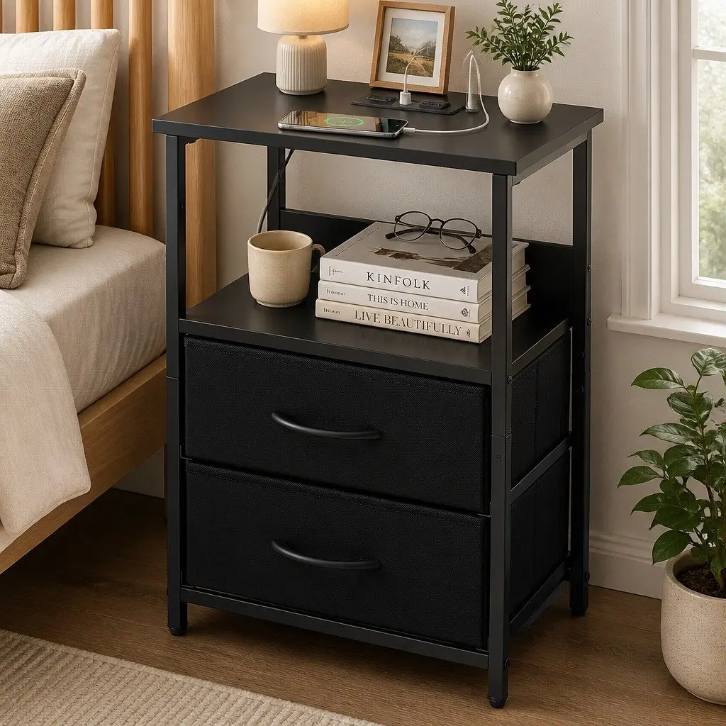 Bedside Table Particle Board Black 40cm W x 30cm D x 60cm H with LED Lighting Charging Station 2 Foldable Drawers
